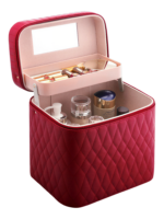 Vanity case de maquillage rigide complet multiple compartiment design embossé matelassé avec miroir rouge élégant et pratique