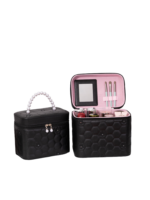 Vanity case rigide pour le maquillage avec perles motif nid dabeille en simili cuir noir et interieur rose L