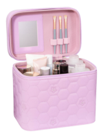 Vanity case rigide pour le maquillage avec perles motif nid dabeille en simili cuir rose avec brosse et miroir