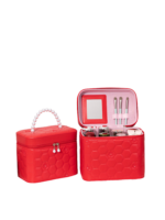 Vanity case rigide pour le maquillage rouge avec perles motif nid dabeille et ouvrant avec brosse maquillage compacte L