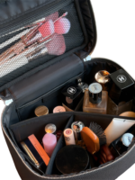 Vanity maquillage en cuir artisanal colorée avec pochettes et compartiments intérieurs pour rangement élégant et pratique