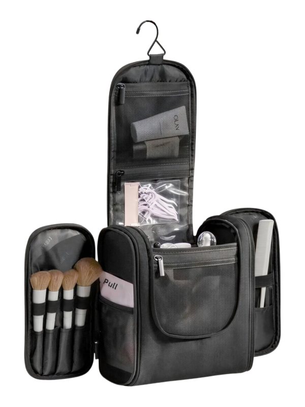 Grande trousse avec crochet à suspendre pratique pochettes et compartiments pour maquillage et accessoires organisation noir