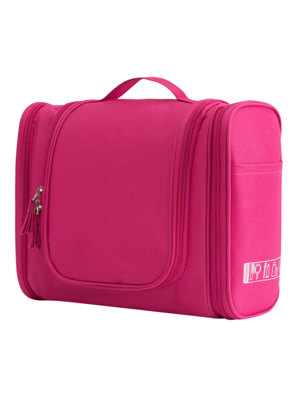 Grande trousse de toilette colorée à suspendre unisexe avec plusieurs pochettes et compartiments en tissu rose fuschia avec zip ergonomique