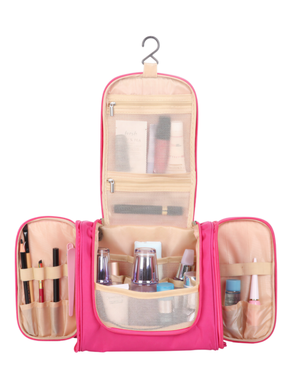 Grande trousse de toilette colorée à suspendre unisexe avec plusieurs pochettes et compartiments en tissu rose organisation pratique des produits de soin Grande trousse de toilette colorée à suspendre unisexe avec plusieurs pochettes et compartiments en tissu rose organisation pratique des produits de soin