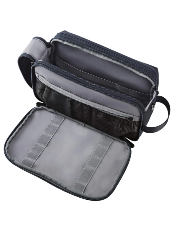 Trousse de toilette pratique multi compartiments avec pochettes et élastiques internes grise pour voyage en organisateur de beauté